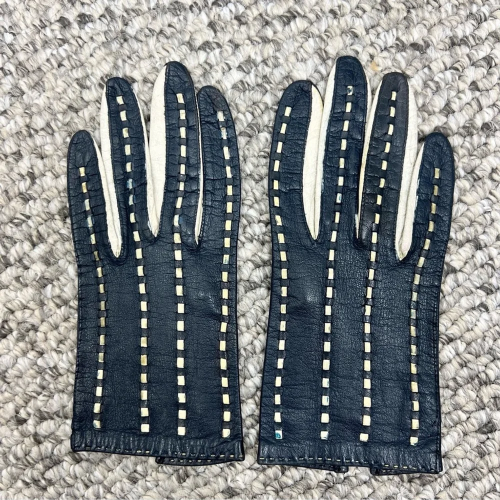Vintage mid-century Morgan's blue white woven Italian leather driving gloves 6
